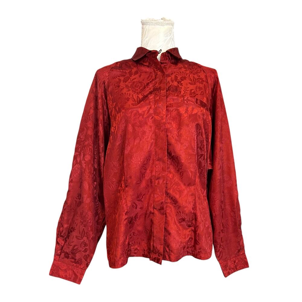 Rust Orange Shimmery Floral Satin Button Down Shirt Medium